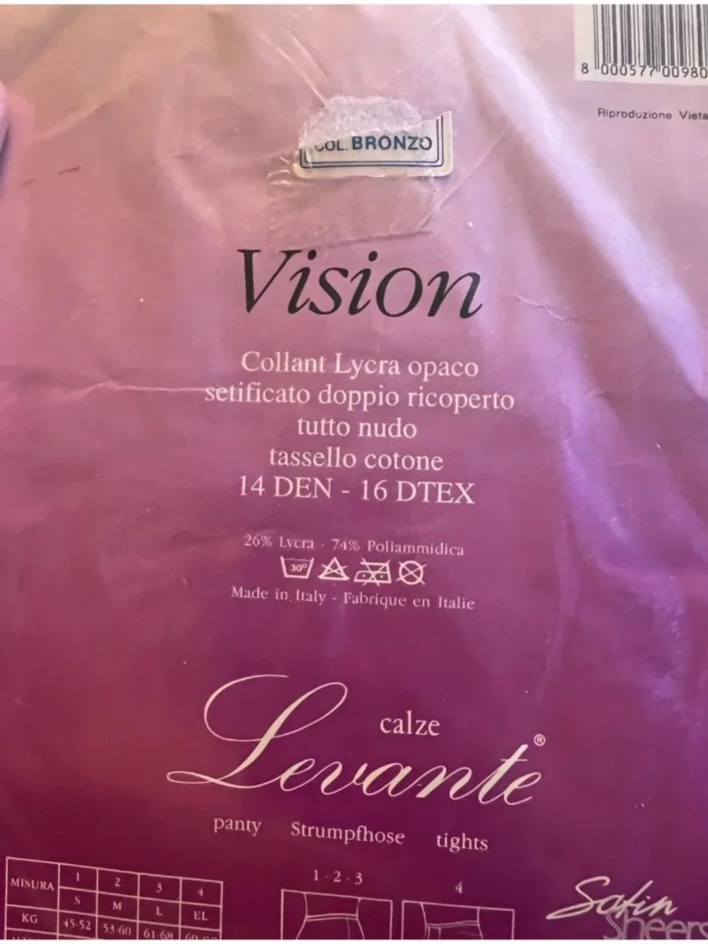 Levante Vision Opaque Pantyhose Lot Of 2 Tag 3 Bronze & Grigio Italy 14-15 Den.